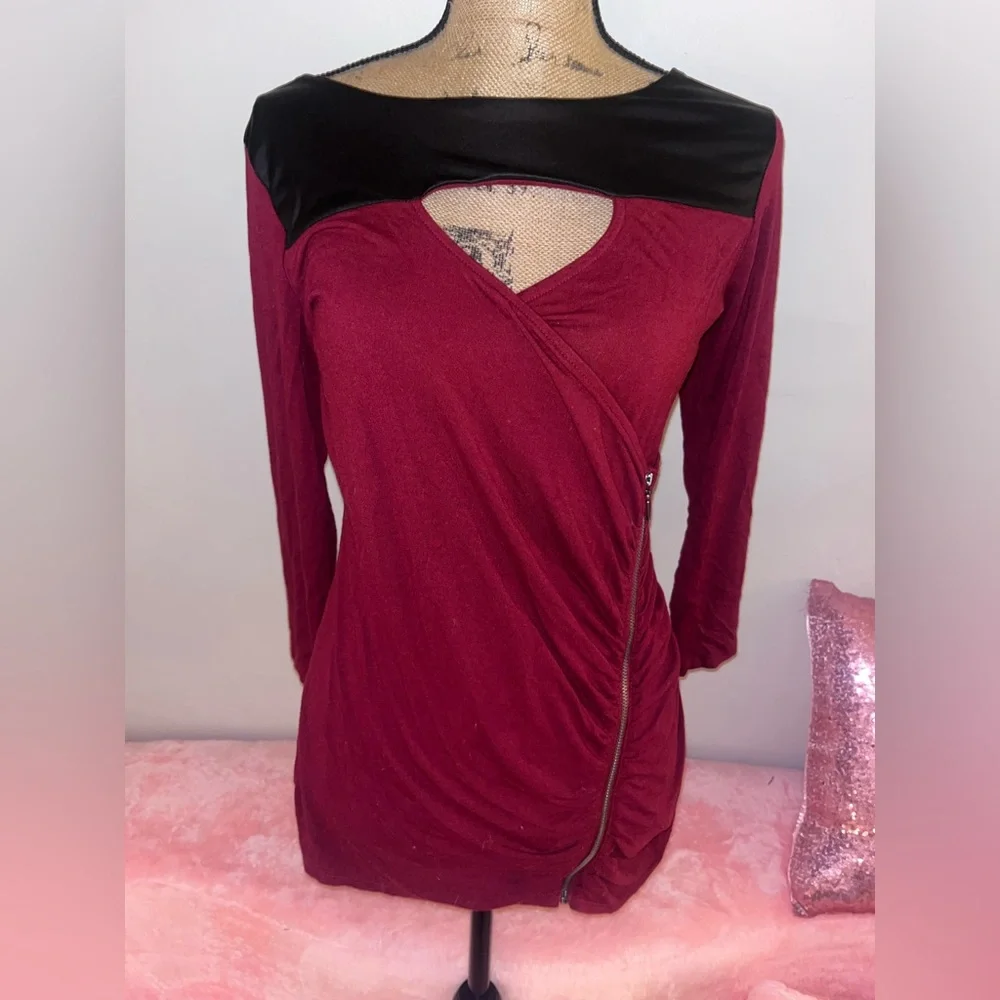 Guess Burgundy and Leather Cutout Long Sleeve Top Large